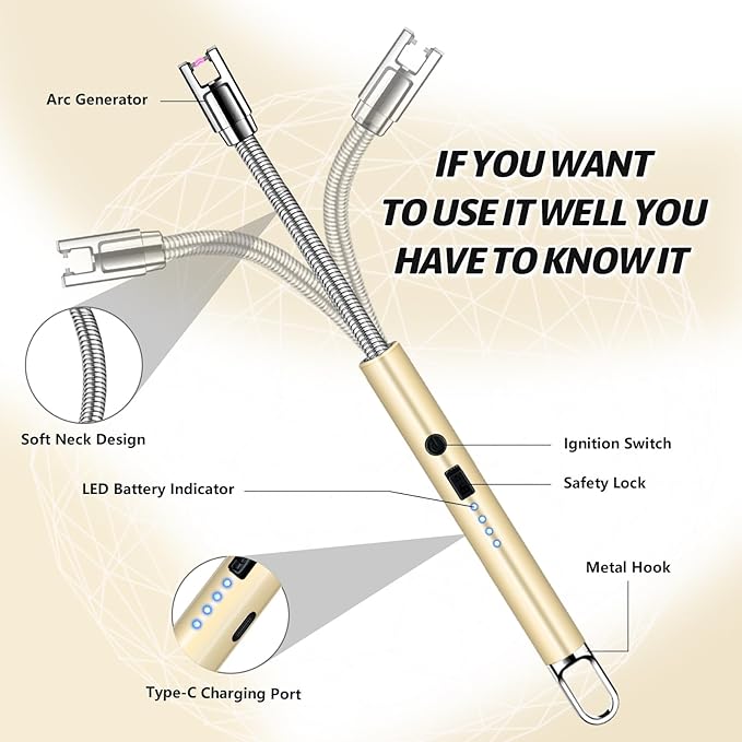 2 PCS Electric Lighter, Candle Lighter Arc Windproof Flame-Less with 360° Flexible Neck & LED Power Display, Type-C Rechargeable for BBQ, Grill, Camping, Fireplace, Stove (Gold)
