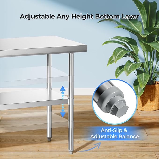 NUUK Stainless Steel Grill Work Table 24" x 36" Heavy Duty Commercial Workstation Adjustable Height Kitchen Food Prep Worktable for Restaurant, Home and Hotel