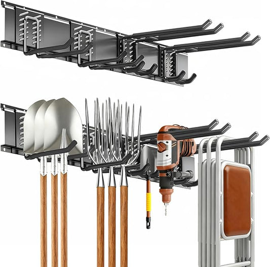 Garage Tool Organizer Wall Mount, 32inch Heavy-Duty Garage Storage System and Garden Tool Organizer with 4 Adjustable Hooks for Shovel, Snowboard, Yard Tools and Shed