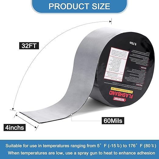 Flashing Roll Tape Asphalt Membrane, 4 inches X 32 Feet 60Mil Thick Waterproof Asphalt Patch Seal Tape Roll, Self-Adhesive Roof Sealant, Asphalt Repair for Door Roof Window Gutter Outdoor （2 Rolls)