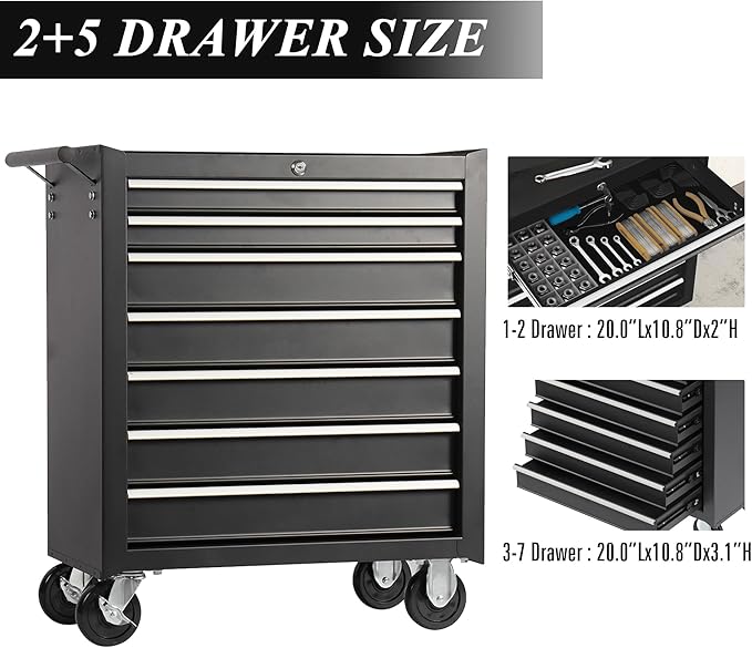 7 Drawers Tool Cart on Wheels, Multifunctional Rolling Storage Tool Chest,Drawers Rolling Tool Trolley Organizer Case for Garage,Warehouse,Workshop,Repair Shop (7 Drawers - Black)