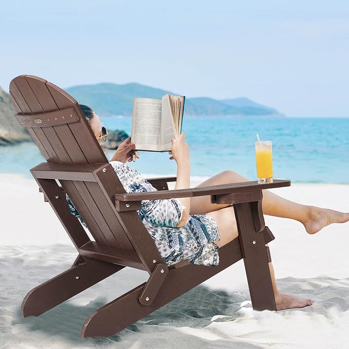 Folding Adirondack Chair, All Weather Resistant Plastic Chair with Cup Holder, Fold or Unfold Easily in 1 Second, Outdoor Chairs for Patio, Garden, Backyard Deck, Lawn Fire Pit(Brown)