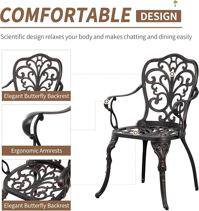 Patio Bistro Set 3 Piece Cast Aluminum Bistro Set, Outdoor Bistro Table and Chairs Set of 2 with Umbrella Hole for Porch, Lawn, Garden, Backyard, Pool (Brown)