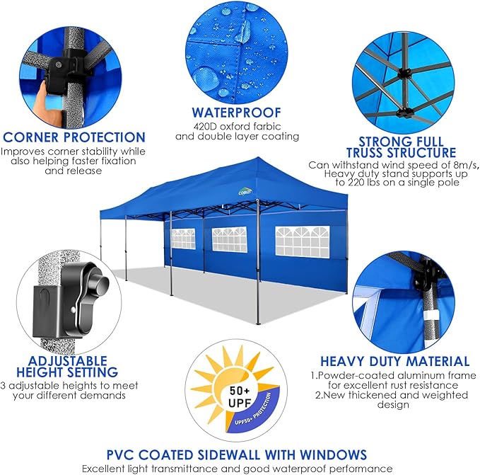 COBIZI 10x30 Heavy Duty Pop up Canopy with 8 sidewalls Stable Wedding Outdoor Tents for Parties Canopy Pop Up Party Tent UPF 50+ Waterproof Commercial Gazebo with Roller Bag, Blue(Windproof Upgraded)
