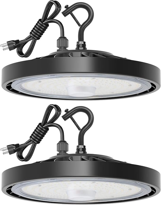 LED Shop Lights for Garage Super Bright High Bay Garage Light 150W 24000LM 5000K with 110-277V 5' Cable Plug in&US Hook,UFO High Bay Shop Light for Workshop Warehouse