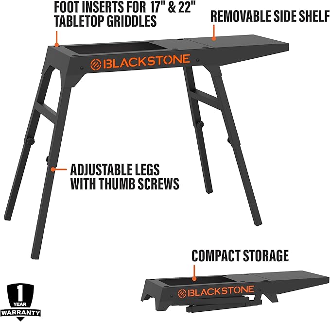 Blackstone 5013 Collapsible 17” and 22” Tabletop Griddle Stand with Adjustable Legs and a Removable Side Shelf, Powder Coated Steel, Black