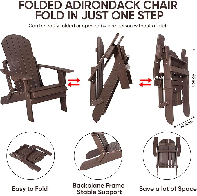 Folding Adirondack Chair, All Weather Resistant Plastic Chair with Cup Holder, Fold or Unfold Easily in 1 Second, Outdoor Chairs for Patio, Garden, Backyard Deck, Lawn Fire Pit(Brown)
