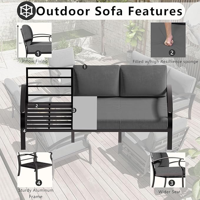 Patio Furniture Set 5-Piece Aluminum Armrest Sofa, Modern Outdoor Living Room Set with 55000 BTU Propane Aluminum Fireplace, Outdoor Rotary Joystick with Thick Cushion