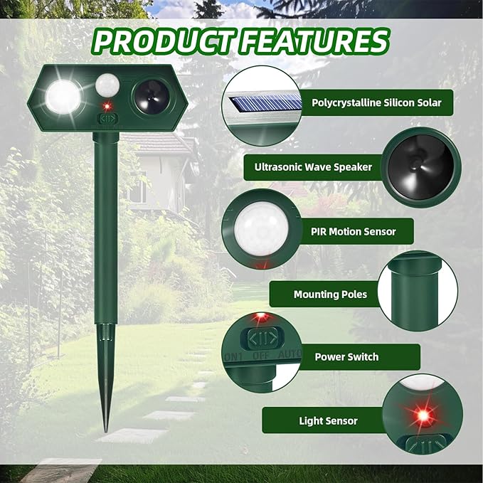 4Pack Solar Ultrasonic Animal Repellent,Waterproof Deer Repellent Devices with Motion Detection,2025 Cat Repellent Outdoor Squirrel Skunk Rabbit Dog Raccoon Bird Deterrents Animal Repeller for Yard