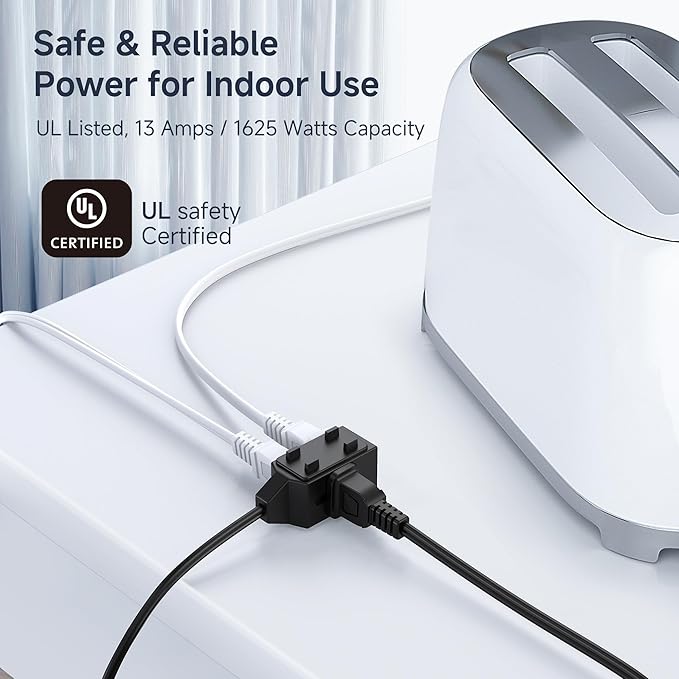 Cable Matters [UL Listed] 2-Pack 16 AWG 2 Prong Extension Cord 6 ft, 13A 3-Outlet Extension Cords with Tamper Guard, 13 Amp, 1625 Watts, Black