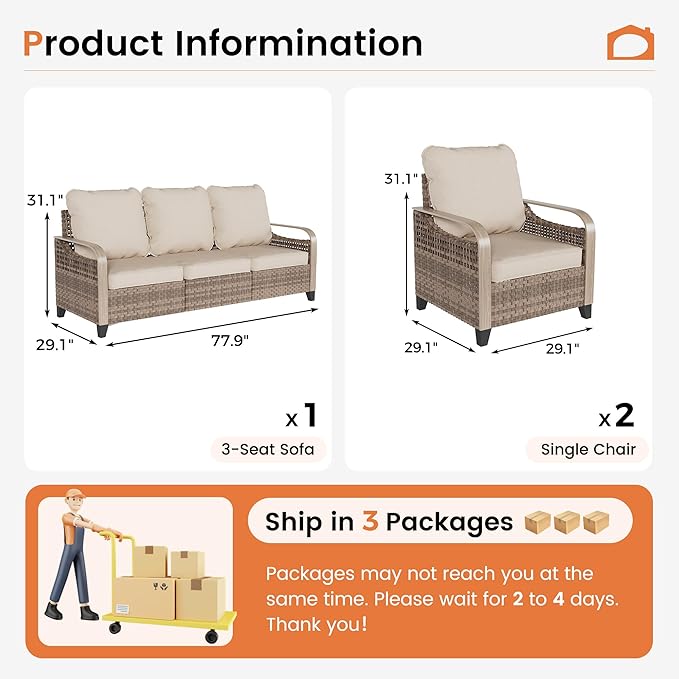 UDPATIO 3 Pieces Outdoor Patio Furniture Set, Patio Set with Washable Thick Cushions, Rattan Patio Conversation Sets for Deck, Yard, and Poolside, Yellow/Beige