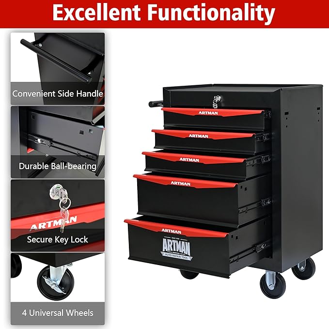 5 Drawers Tool Cart on Wheels, Multifunctional Rolling Tool Storage Chest, Drawers Rolling Trolley Organizer Tool Box for Warehouse, Garage, Workshop, Repair Shop (5 Drawers-30.5" H)
