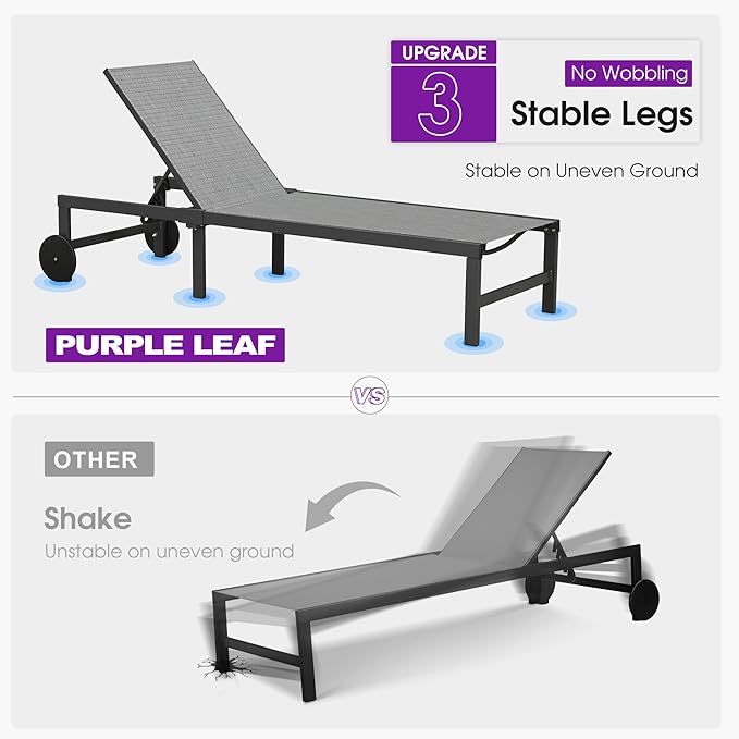 PURPLE LEAF Outdoor Chaise Lounge Chairs Set Adjustable Recliner Chair with Wheels and Table for Poolside Beach Patio Aluminum Reclining Sunbathing Lounger Mixed Grey