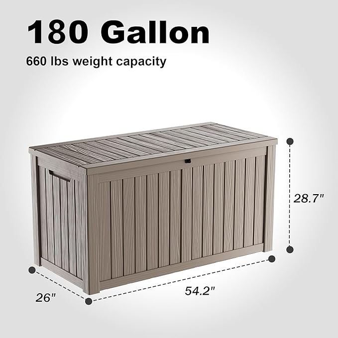 EasyUp 180 Gallon Outdoor Storage Box Waterproof, UV Resistant Resin Deck Box with Hydraulic Rod, Reinforced Stability for Patio, Garden, and Pool, Striped Gray