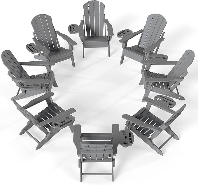 FOOWIN Folding Adjustable Adirondack Chair Set of 8,HDPE Adirondack Chair w/4 in 1 Cup Holder Trays,All-Weather Resistant Fire Pit Chair, Outdoor Chair for Patio Lawn Poolside,400lbs,Dark Grey