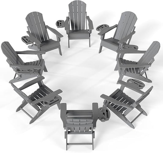 FOOWIN Folding Adjustable Adirondack Chair Set of 8,HDPE Adirondack Chair w/4 in 1 Cup Holder Trays,All-Weather Resistant Fire Pit Chair, Outdoor Chair for Patio Lawn Poolside,400lbs,Dark Grey
