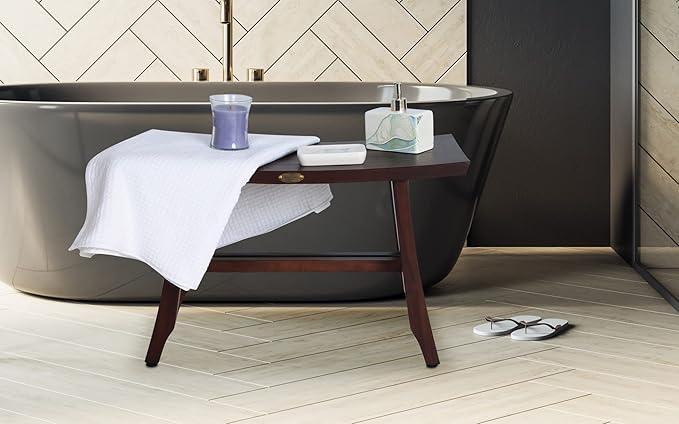 DecoTeak Teak Shower Bench – 28 Inch Waterproof Wooden Seat for Inside Shower Spa-Quality Shower Chair | Curved Seat for Adults | Non-Slip Feet | Large Storage Shelf