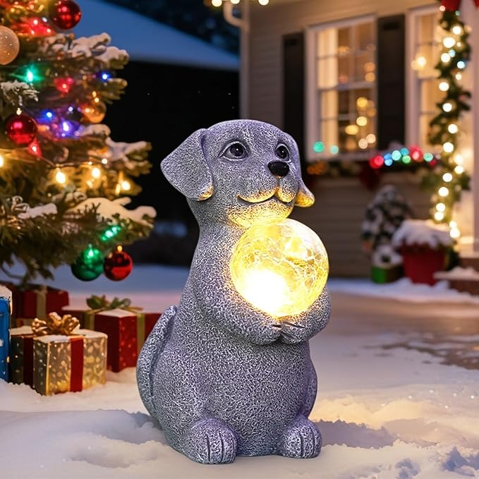 Dog Garden Statues - 8.4 Dog Decor with Gazing Ball LED Lights, Unique Gifts for Mom Grandma Birthdays, Outdoor Decor for Outside Lawn Porch Patio (Gray)
