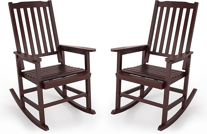 Outdoor Rocking Chairs Set of 2, Rocking Chair Outdoor All Weather Wooden Rockers, Heavy Duty 350lbs, High Back Wide Seat Patio Chairs for Porch, Backyard, Garden, Espresso