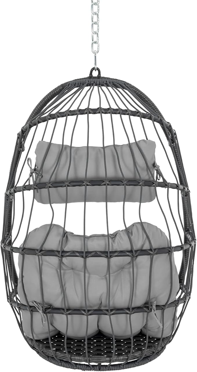 Yechen Swing Egg Chair Without Stand Indoor Outdoor, Foldable Wicker Rattan Hanging Egg Chairs Hammock Egg Basket Chair with Aluminum Frame & UV Resistant Cushions for Bedroom Patio Porch