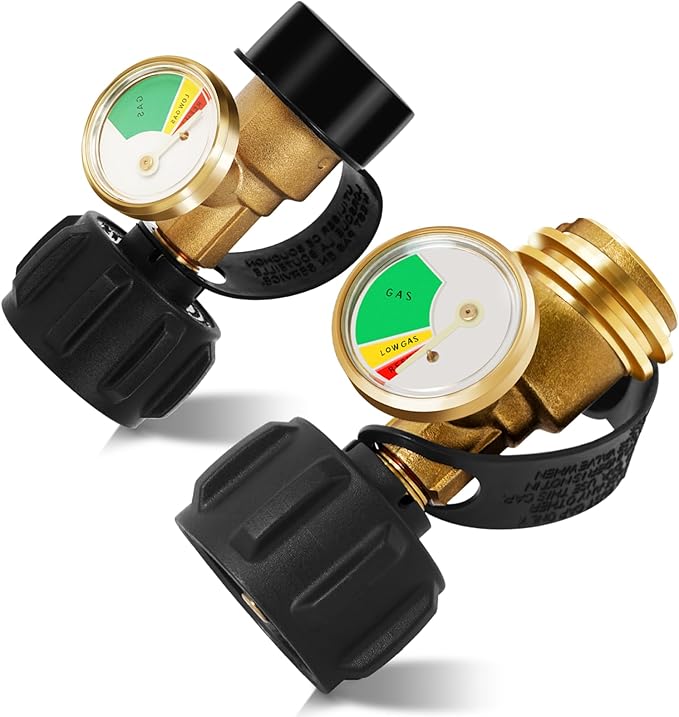 Propane Tank Gauge Level Indicator Gas Leak Detector for 5-40lb LP Tanks, 2 Pack Universal Propane Gas Gauge 3 Colors Coded for Heaters BBQ Gas Cylinder Grill RV Camper Accessories