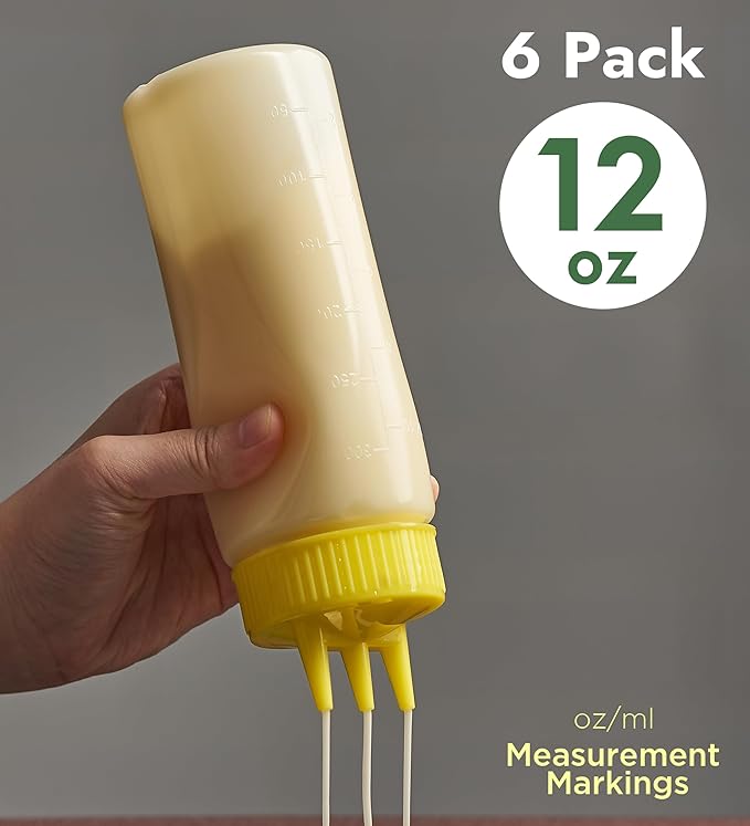 CURTA 6-Pack 12 oz Clear Squeeze Bottle with 3 Open Tips, BPA-Free Easy-to-Squeeze Plastic Condiment Dispenser with oz & ml Markings for Sauce, Oil, Dressing, Dishwasher Safe, Yellow