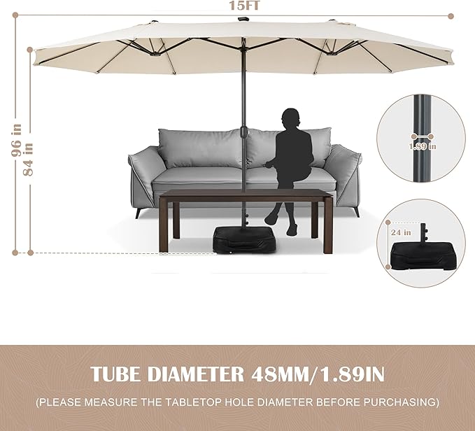 Sundale Outdoor Solar 144 LED 15 ft Patio Umbrella with Sandbag Base Included and Cover, Outdoor Double-Sided Umbrella