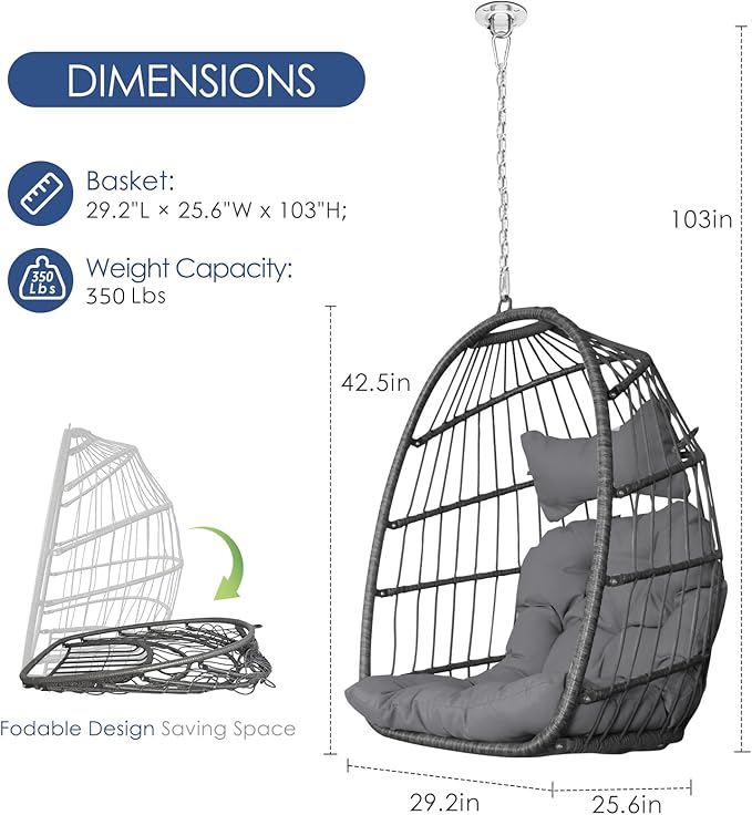 Nicesoul Patio Hanging Egg Chair No Stand, Foldable Ceiling Egg Basket Chairs Without Stand Indoor Outdoor, 350lbs Egg Shell Swing Hammock Chair with Cushion for Backyard, Balcony, Outside, Dark Grey