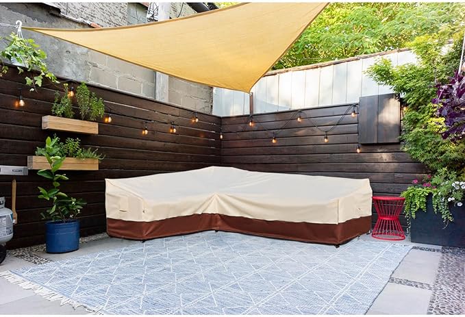Outdoor Sectional Cover-L-Shaped Patio Furniture Covers Waterproof Rip-Stop Anti-UV 600D Heavy Duty Couch Cover with 3 Air Vent Sofa 85''L （110''L）32''D 30''H Beige & Reddish Brown