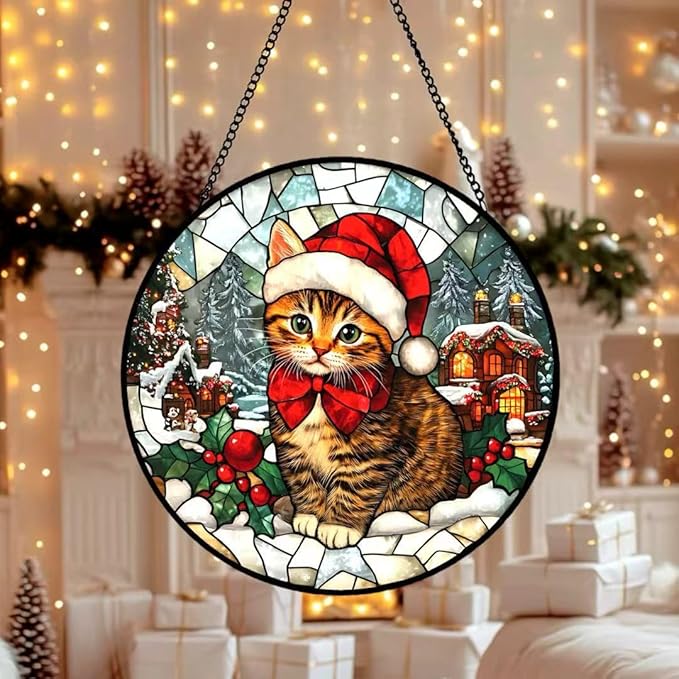 Stained Glass Window Hanging - Cat and Snowy Day Christmas Suncatcher fof Garden Home Decor for Women Mon Grandma Friends