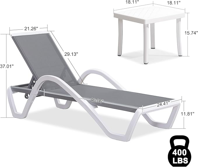 PURPLE LEAF Patio Chaise Lounge Chair Set of 3 Outside Aluminum Plastic Stackable Tanning Chairs with Armrests and Side Table for Pool Sunbathing Beach Deck Outdoor Lounger, Gray