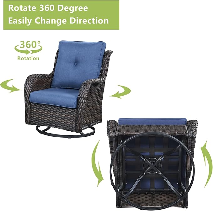 Rilyson 5 Piece Outdoor Patio Furniture Set - Rattan Wicker Patio Conversation Sets with 2 Swivel Rocker Chairs,2 Ottomans and 1 Sofa for Outside Porch Deck Backyard(Brown/Blue)