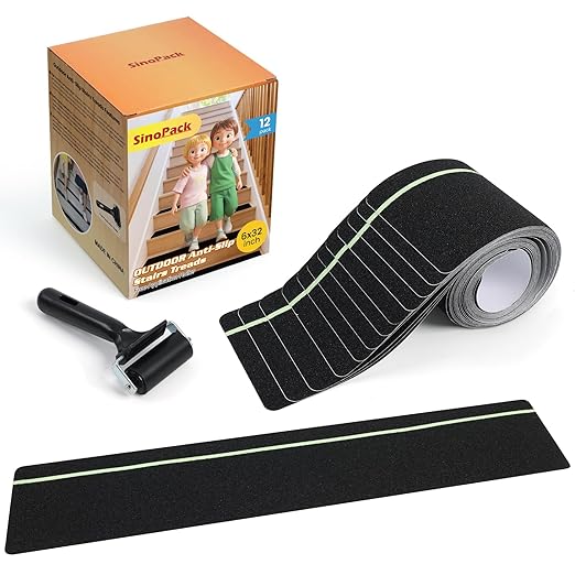 Outdoor Non Slip Tape 6'' x 32'' (12-Pack) High Traction Adhesive Treads with Free Roller - Heavy Duty 80 grit Non Slip Tape -Anti Skid Strips Black with Glow in The Dark Stripe - Grip Tape for Steps