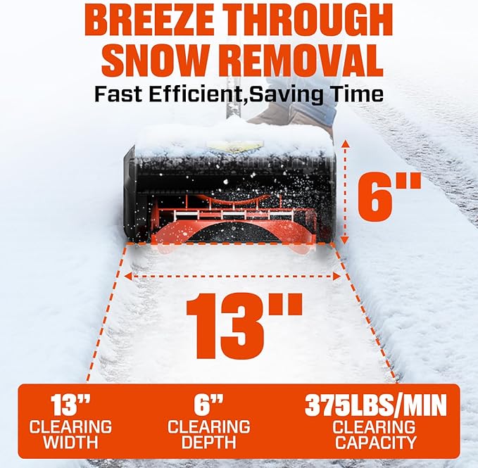 SENIX 2X2 40V Max Cordless Snow Shovel, 13" Width, 6" Depth, 20Ft Max Throw Distance,Variable Speed, Plows 375lbs/Min, 8000mAh Batteries and Charger