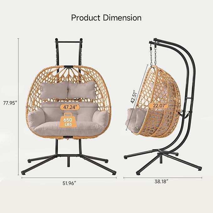 ONBRILL Double Hanging Egg Chair with Stand, Bohemian Knot Style Hammock Swing Chair, Foldable Basket & Denser Weaves, 650 Lbs Capacity Loveseat with UV Resistant Cushion for Patio, Backyard (Khaki)
