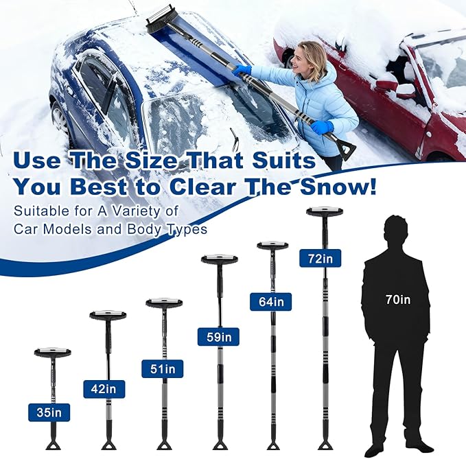 72" Extendable Long Snow Brush with Ice Scraper for Car Truck SUV Van - Soft Squeegee with 270° Pivoting Brush Head for Windshield Window - Snow Scraper & Antifreeze Gloves for Car Winter Accessories