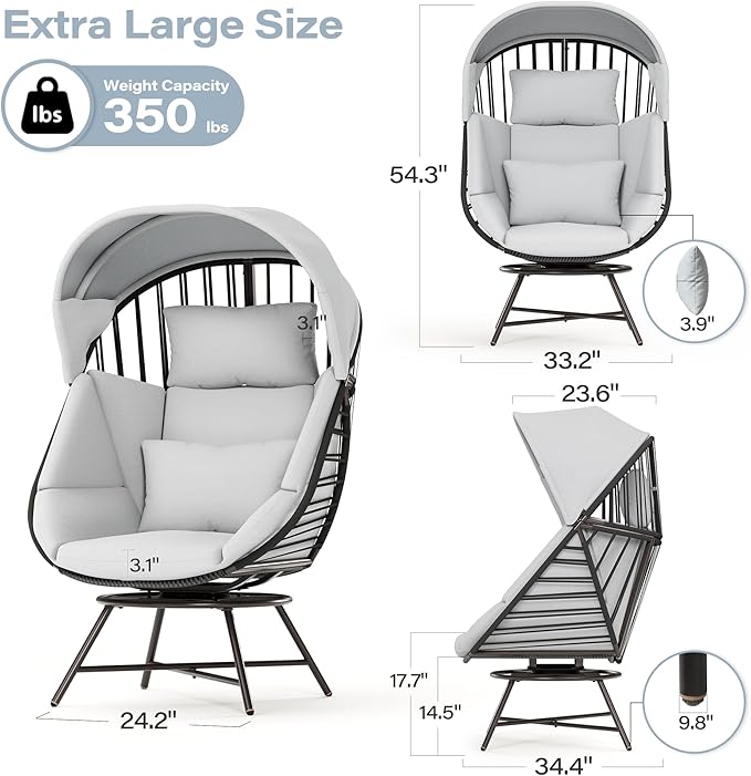 LAUSAINT HOME Oversized 360° Swivel Egg Chair with Cushion & Sunshade Brim, Indoor & Outdoor Egg Chair for Patio, Lounge, Balcony, Grey Cushion & Black Frame