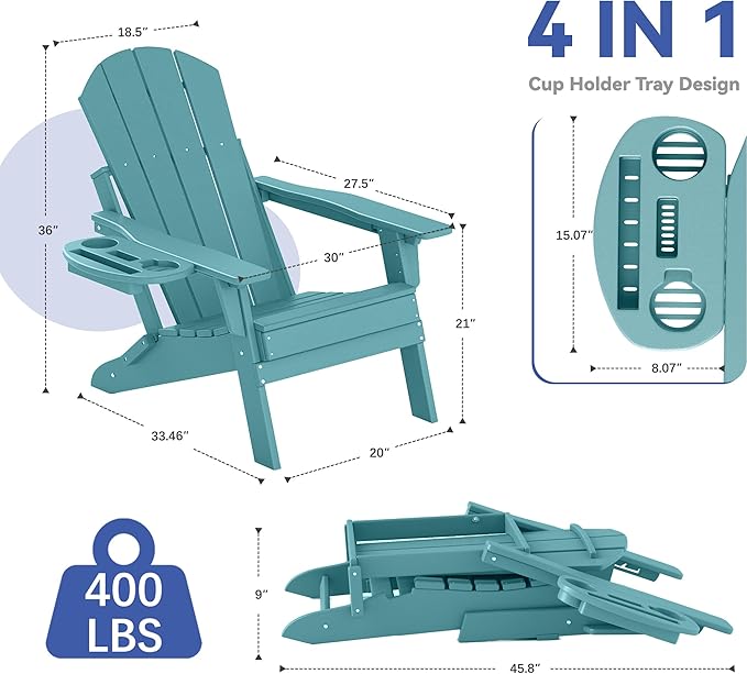 FOOWIN Folding Adjustable Adirondack Chair Set of 4,HDPE Adirondack Chair w/4 in 1 Cup Holder Trays,All-Weather Resistant Fire Pit Chair, Outdoor Chair for Patio Lawn Poolside,400lbs,Lake Blue