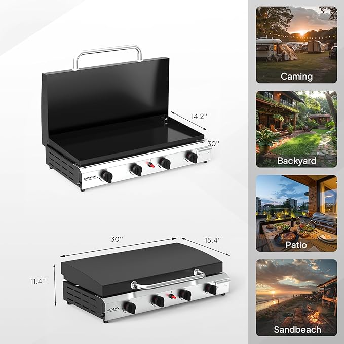 ROVSUN 4 Burner Portable Propane Griddle with Ignition & Regulator, 40,000 BTU Tabletop Flat Top Gas Grill with Enameled Tray & Lid for Outdoor Cooking Camping BBQ Tailgating Electronic