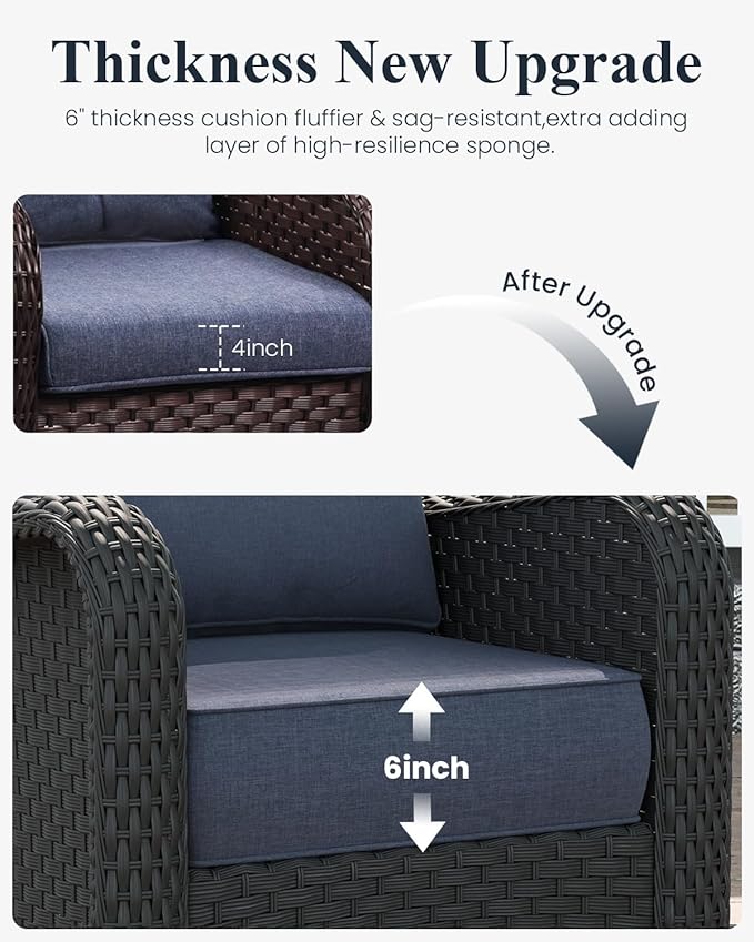LayinSun 7 Piece Wicker Outdoor Furniture Set with 6-inch Comfy Cushions, High Back Patio Furniture Set with Swivel Rocking Chairs and Fire Pit Table