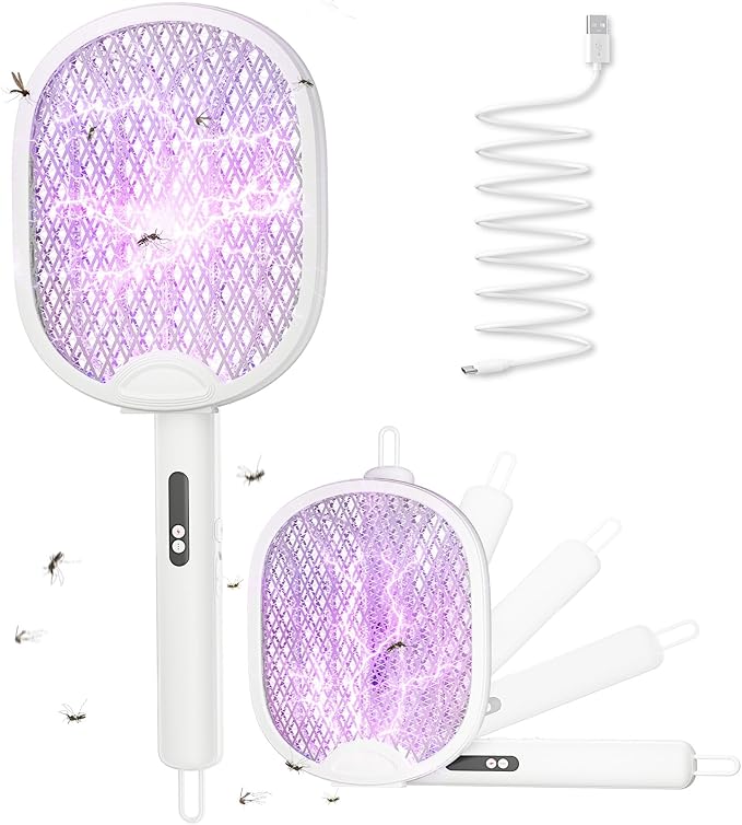 Electric Fly Swatter 4000V Bug Zapper Racket Foldable with Blue Light Dual Mode 1800mAh Rechargeable Battery 5-Layer Safety Mesh for Indoor & Outdoor