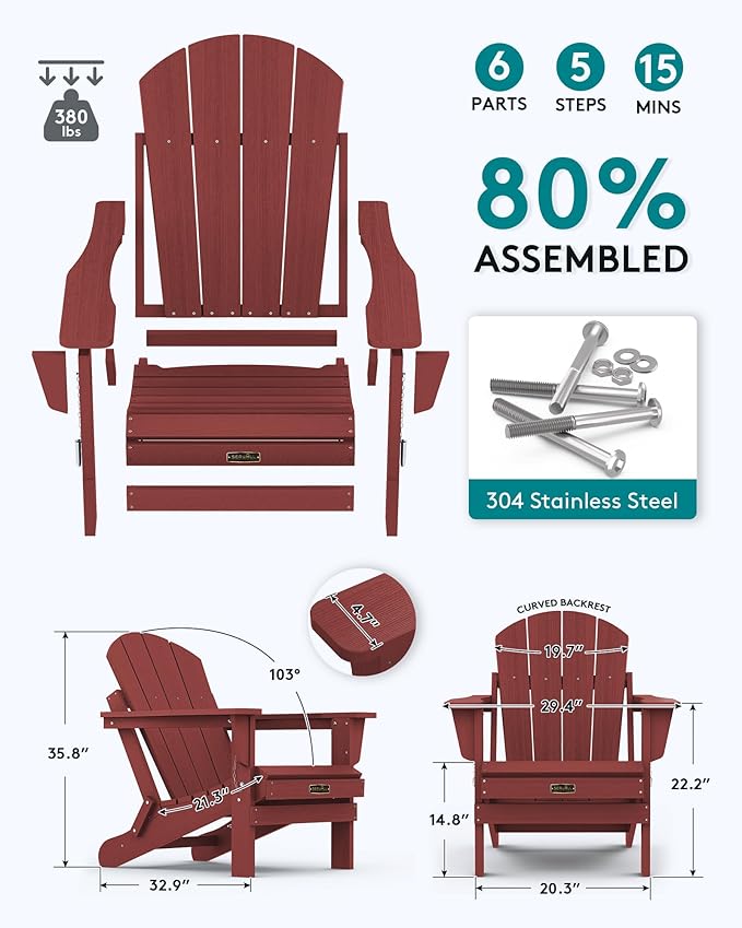 SERWALL Folding Adirondack Chair Set of 8 Weather Resistant for Patio -Red