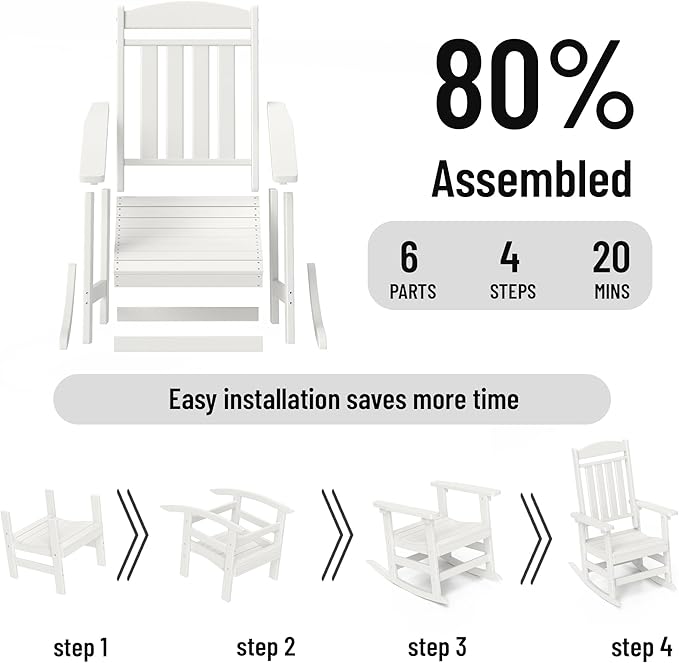 Outdoor Rocking Chairs Set of 8, Oversized High Back Patio Rocking Chairs, All Weather Porch Rocking Chairs for Outside. White
