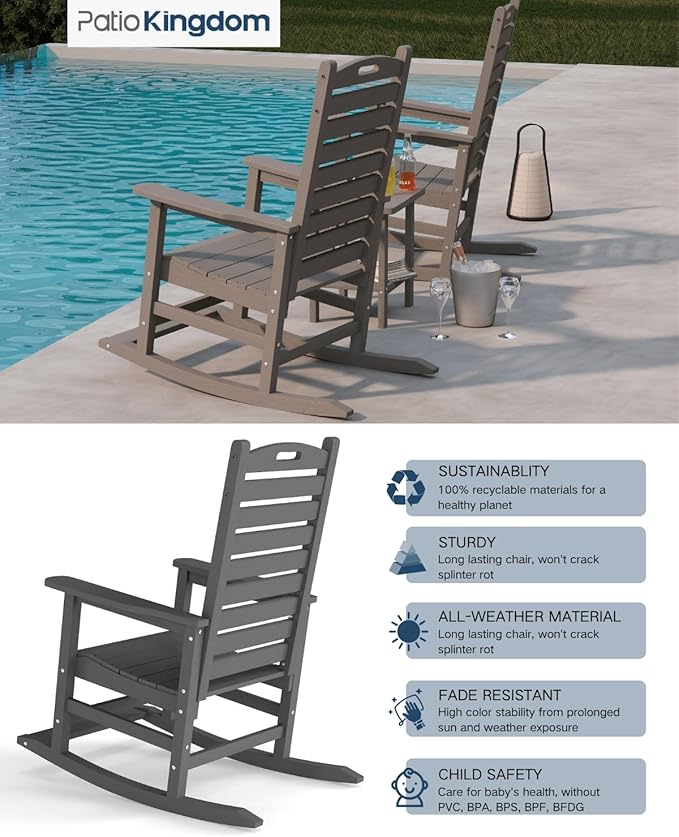 Grey Outdoor Rocking Chairs Set of 2 with Footrest, Side Table & Beige 9FT Umbrella, HDPE Rocking Lawn Chair for Garden, Poolside, Deck, Weatherproof Porch Rocker