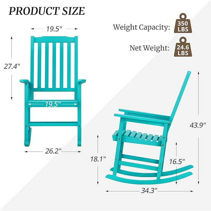 Outdoor Rocking Chairs Set of 2, Rocking Chair Outdoor All Weather Wooden Rockers, Heavy Duty 350lbs, High Back Wide Seat Patio Chairs for Porch, Backyard, Garden, Aqua Sky