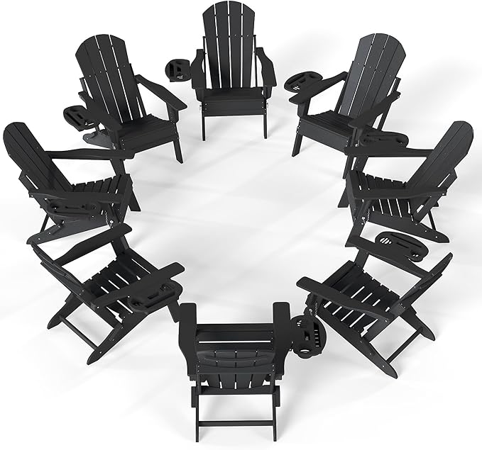 FOOWIN Folding Adjustable Adirondack Chair Set of 8,HDPE Adirondack Chair w/4 in 1 Cup Holder Trays,All-Weather Resistant Fire Pit Chair, Outdoor Chair for Patio Lawn Poolside,400lbs,Black