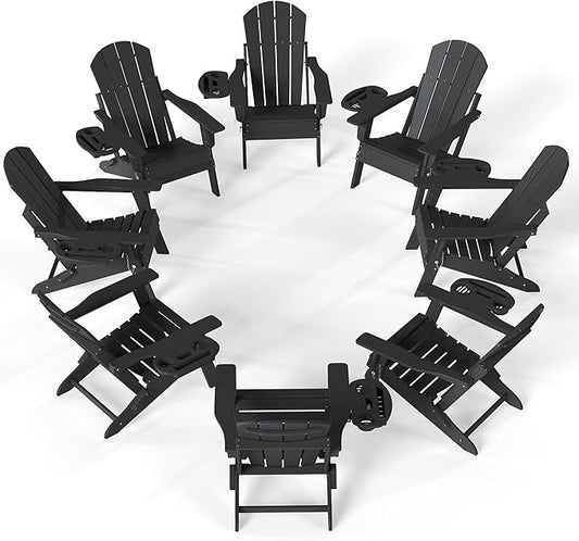 FOOWIN Folding Adjustable Adirondack Chair Set of 8,HDPE Adirondack Chair w/4 in 1 Cup Holder Trays,All-Weather Resistant Fire Pit Chair, Outdoor Chair for Patio Lawn Poolside,400lbs,Black