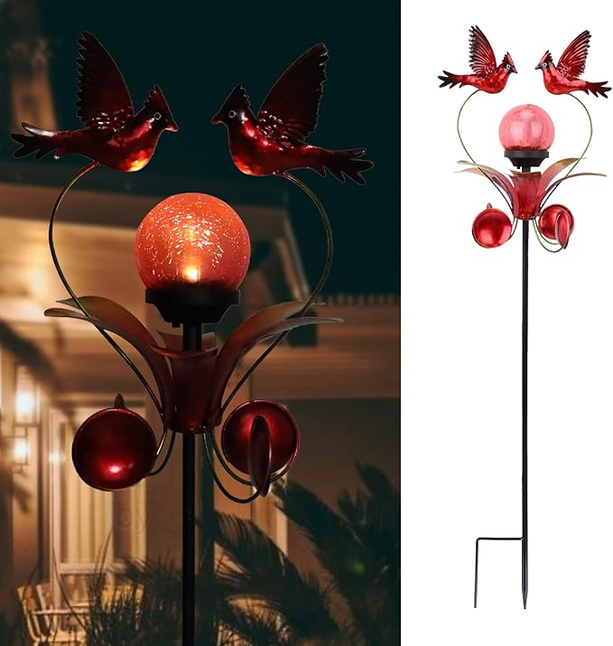 VCUTEKA Cardinal Solar Lights Outdoor Metal Garden Stake Waterproof Crackle Glass Globe Garden Decor Cardinal for Pathway, Lawn, Patio, Yard