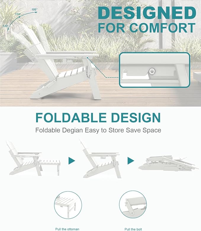FOOWIN Adjustable Adirondack Chair with Retractable Ottoman Set of 6, Folding Adirondack Chair with Cup Holder, HDPE All-Weather Fire Pit Chair for Patio, Yard, Poolside, White