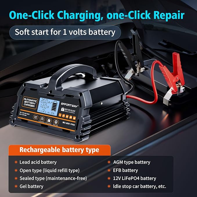 20A 12V/24V Battery Charger,Lead Acid Charger, 12V LiFePO4 Charger. Smart Battery Charger with Trickle Charge.Car Battery Maintainer with LCD Display. Suitable for Trucks,AMG,Motorcycles